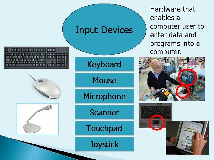 Input Devices Keyboard Mouse Microphone Scanner Touchpad Joystick Hardware that enables a computer user