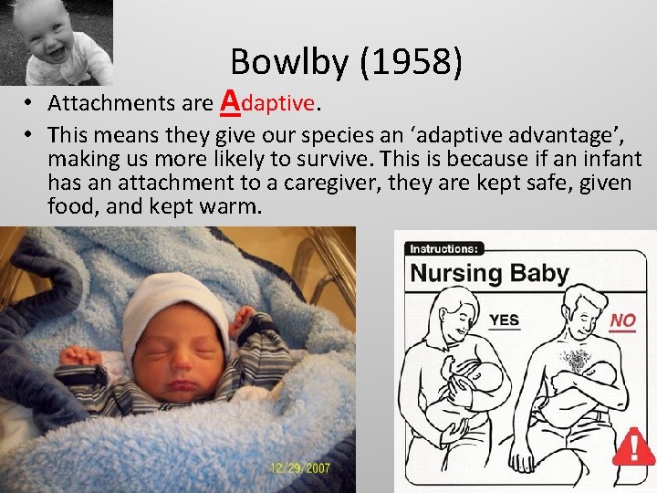 Bowlby (1958) • Attachments are Adaptive. • This means they give our species an