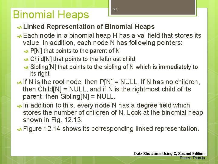Binomial Heaps 22 Linked Representation of Binomial Heaps Each node in a binomial heap