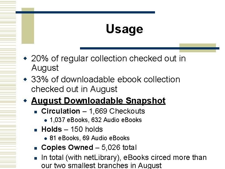 Usage w 20% of regular collection checked out in August w 33% of downloadable