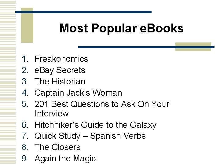 Most Popular e. Books 1. 2. 3. 4. 5. 6. 7. 8. 9. Freakonomics