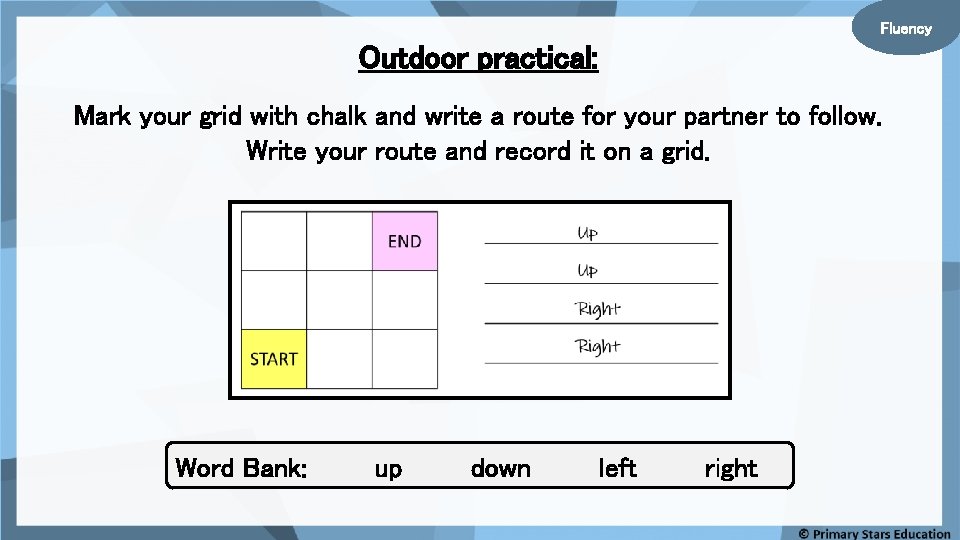 Fluency Outdoor practical: Mark your grid with chalk and write a route for your