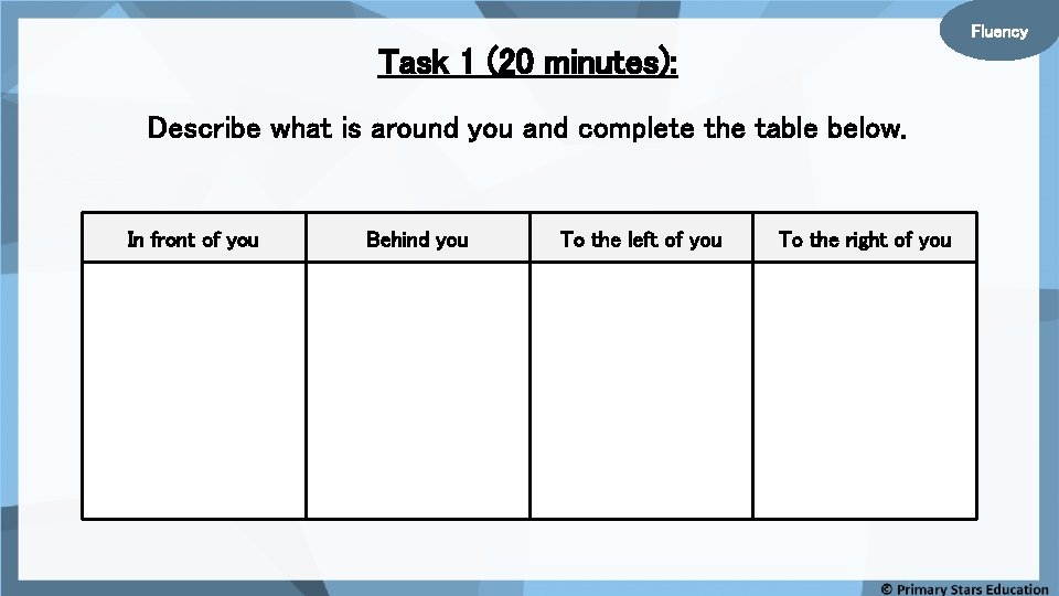 Fluency Task 1 (20 minutes): Describe what is around you and complete the table