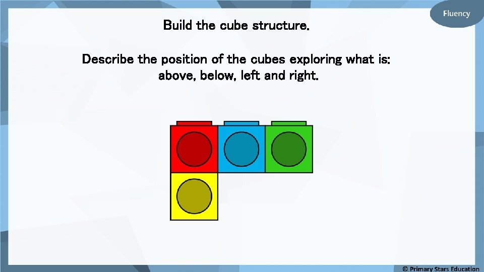 Build the cube structure. Describe the position of the cubes exploring what is: above,