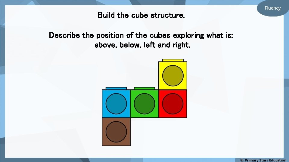 Build the cube structure. Describe the position of the cubes exploring what is: above,