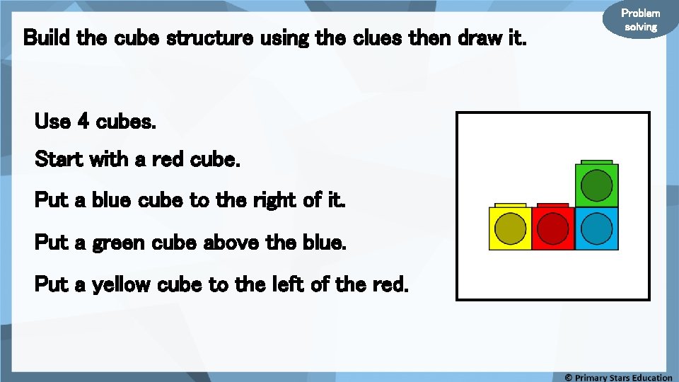 Build the cube structure using the clues then draw it. Use 4 cubes. Start