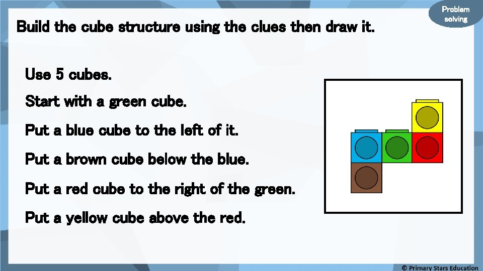 Build the cube structure using the clues then draw it. Use 5 cubes. Start