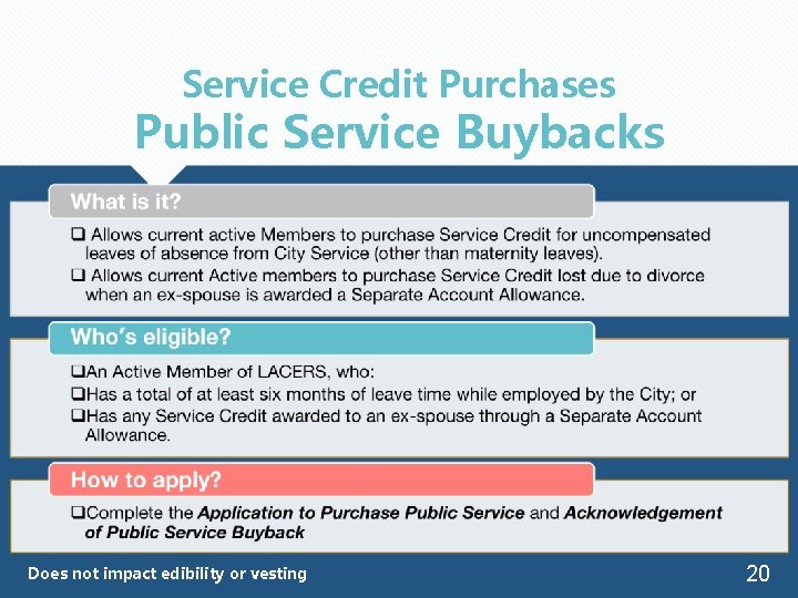 Service Credit Purchases Public Service Buybacks Does not impact edibility or vesting 20 
