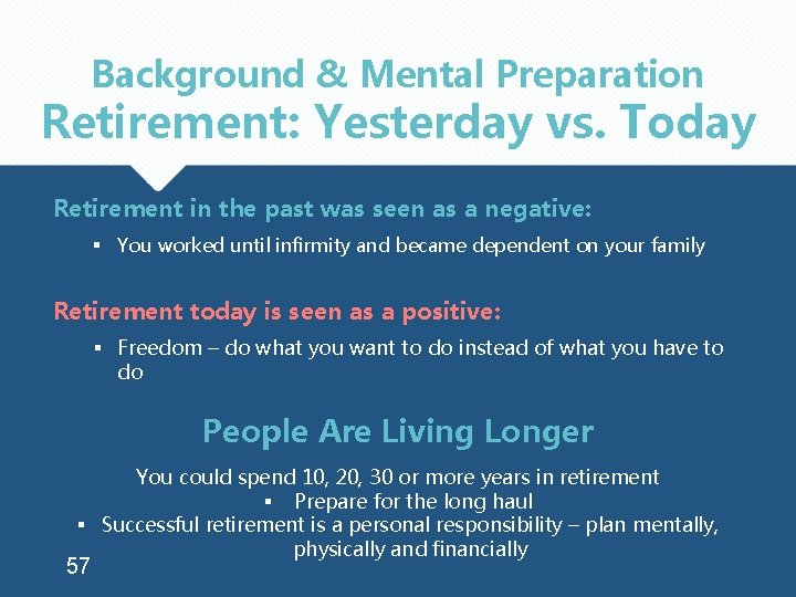 Background & Mental Preparation Retirement: Yesterday vs. Today Retirement in the past was seen