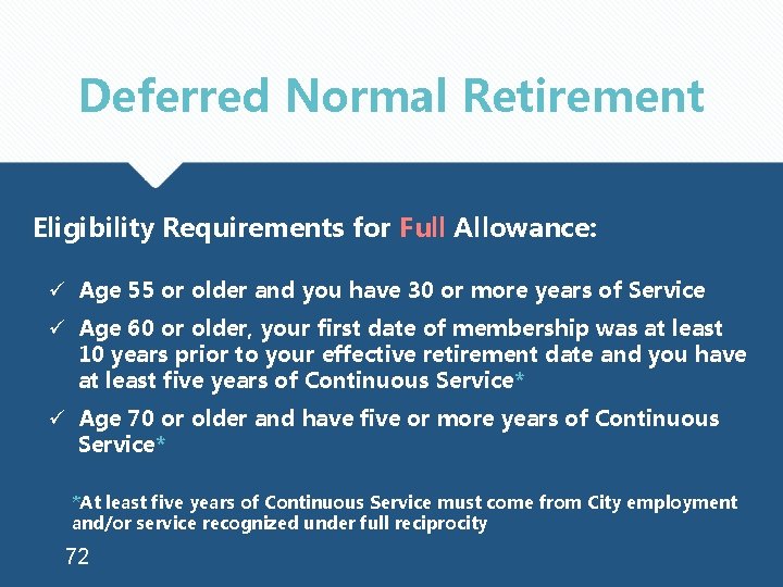 Deferred Normal Retirement Eligibility Requirements for Full Allowance: ü Age 55 or older and