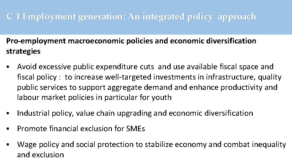C 1 Employment generation: An integrated policy approach Pro-employment macroeconomic policies and economic diversification