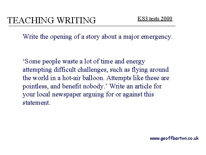 TEACHING WRITING KS 3 tests 2000 Write the opening of a story about a