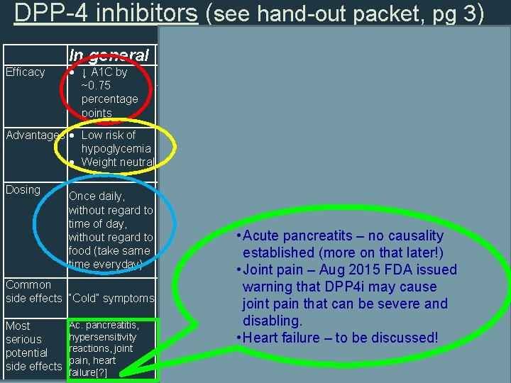 DPP-4 inhibitors (see hand-out packet, pg 3) In general Sitagliptin Saxagliptin Linagliptin Alogliptin Efficacy