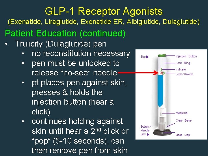 GLP-1 Receptor Agonists (Exenatide, Liraglutide, Exenatide ER, Albiglutide, Dulaglutide) Patient Education (continued) • Trulicity