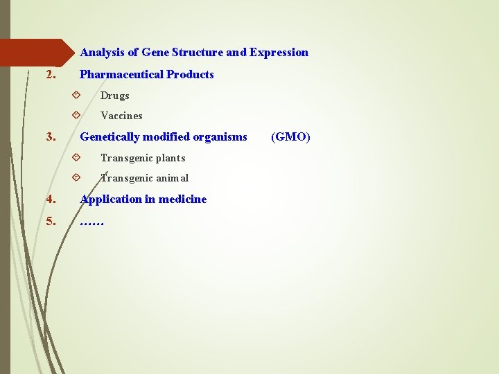 1. Analysis of Gene Structure and Expression 2. Pharmaceutical Products 3. Drugs Vaccines Genetically