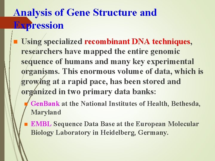 Analysis of Gene Structure and Expression n Using specialized recombinant DNA techniques, researchers have