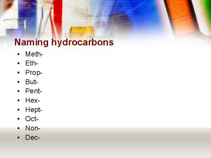 Naming hydrocarbons • • • Meth. Eth. Prop. But. Pent. Hex. Hept. Oct. Non.