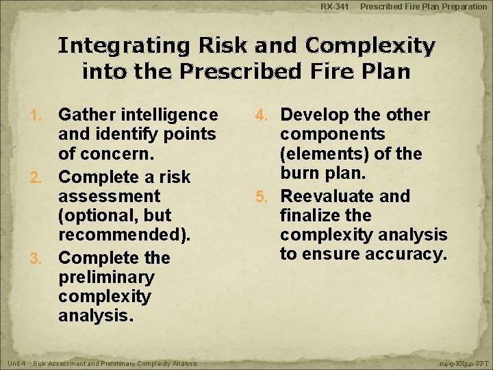 RX-341 Prescribed Fire Plan Preparation Integrating Risk and Complexity into the Prescribed Fire Plan