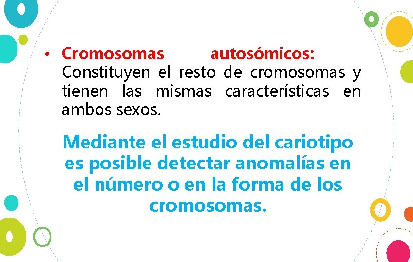  • Cromosomas autosómicos: Constituyen el resto de cromosomas y tienen las mismas características