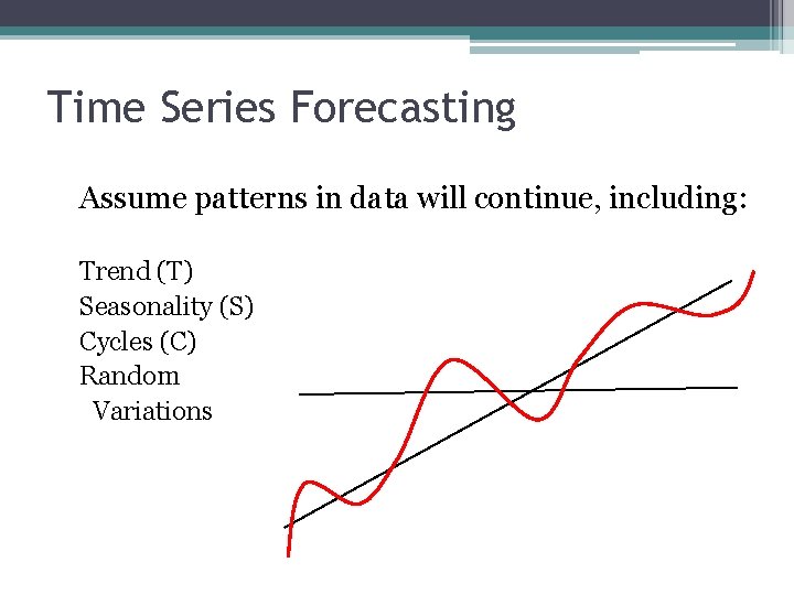 Time Series Forecasting Assume patterns in data will continue, including: Trend (T) Seasonality (S)