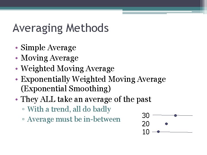 Averaging Methods • • Simple Average Moving Average Weighted Moving Average Exponentially Weighted Moving