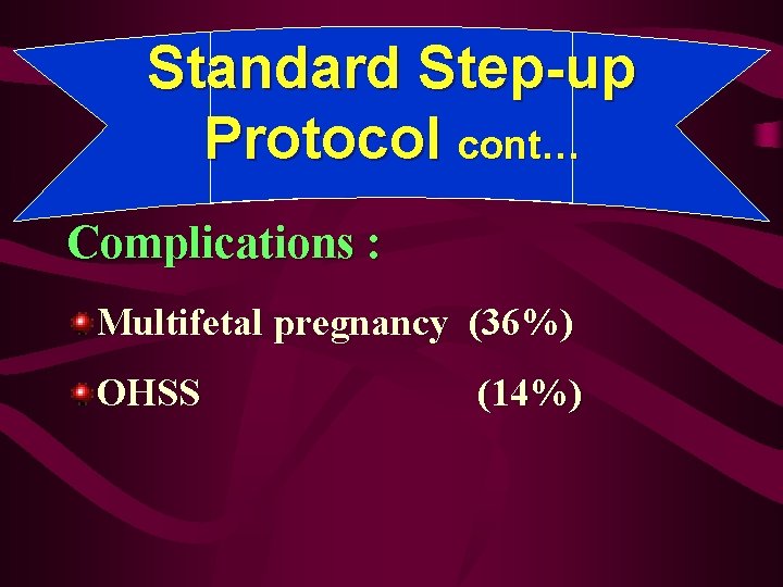 Standard Step-up Protocol cont… Complications : Multifetal pregnancy (36%) OHSS (14%) 