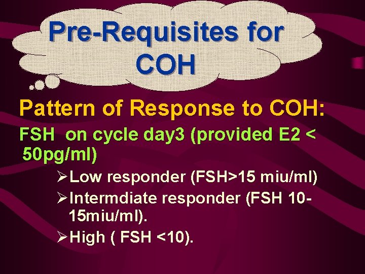 Pre-Requisites for COH Pattern of Response to COH: FSH on cycle day 3 (provided