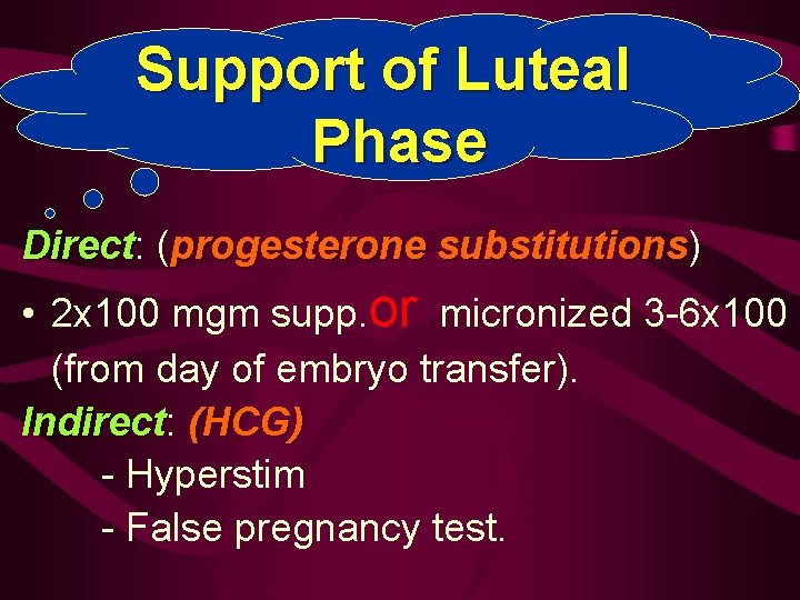 Support of Luteal Phase Direct: Direct (progesterone substitutions) substitutions • 2 x 100 mgm