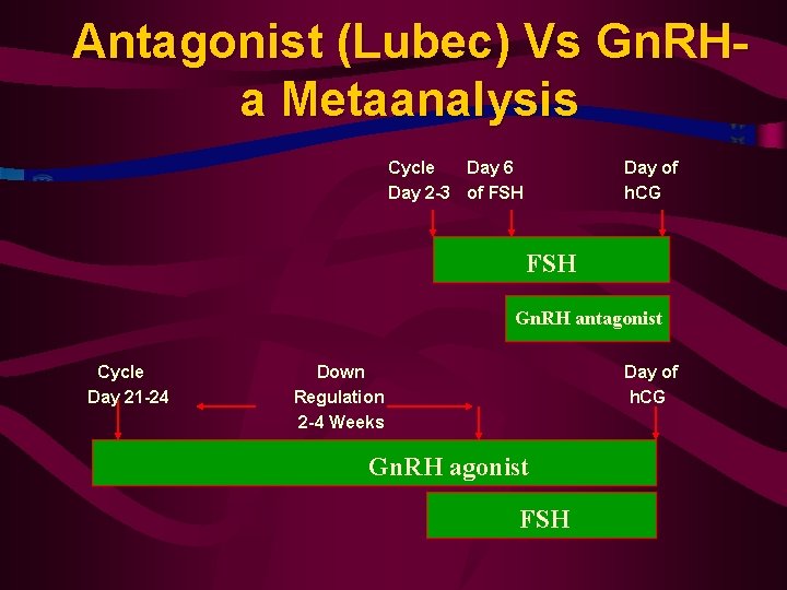 Antagonist (Lubec) Vs Gn. RHa Metaanalysis Cycle Day 6 Day 2 -3 of FSH