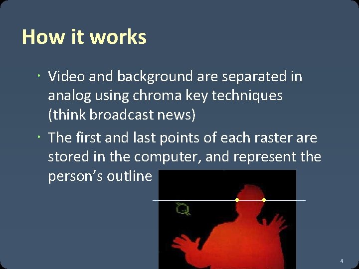 How it works Video and background are separated in analog using chroma key techniques