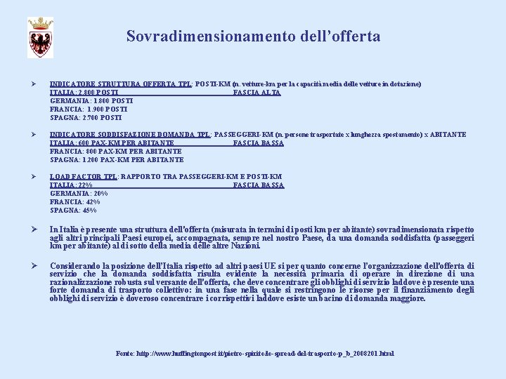 Sovradimensionamento dell’offerta Ø INDICATORE STRUTTURA OFFERTA TPL: POSTI-KM (n. vetture-km per la capacità media