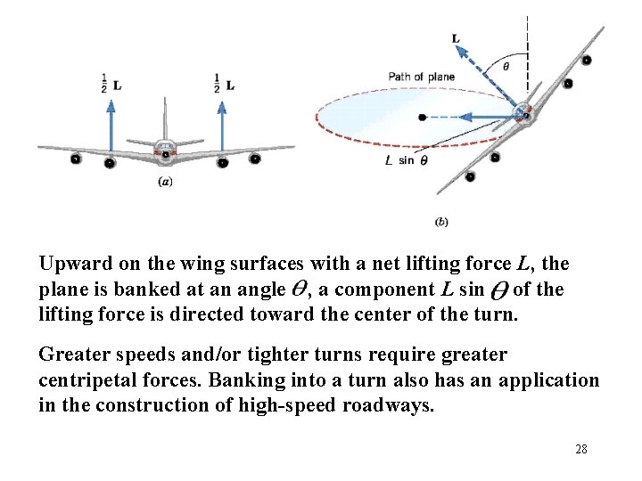 Upward on the wing surfaces with a net lifting force L, the plane is