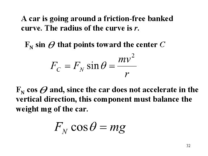 A car is going around a friction-free banked curve. The radius of the curve