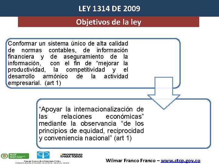 LEY 1314 DE 2009 Objetivos de la ley Conformar un sistema único de alta