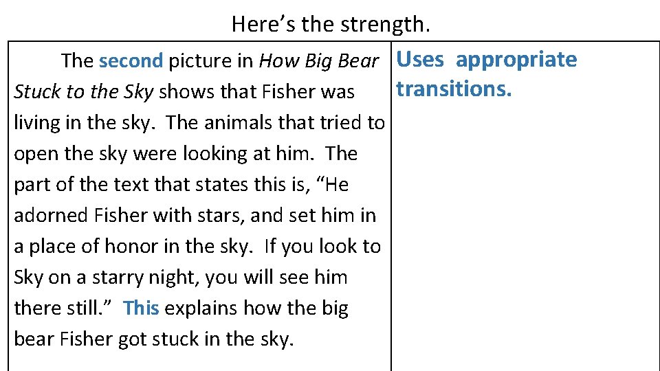 Here’s the strength. The second picture in How Big Bear Uses appropriate transitions. Stuck