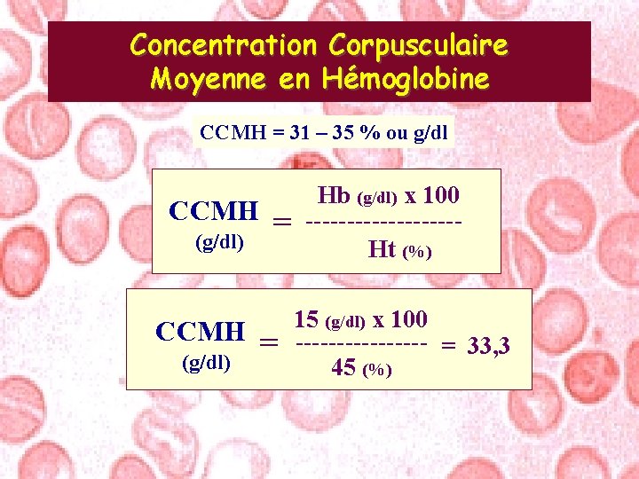 Concentration Corpusculaire Moyenne en Hémoglobine CCMH = 31 – 35 % ou g/dl CCMH