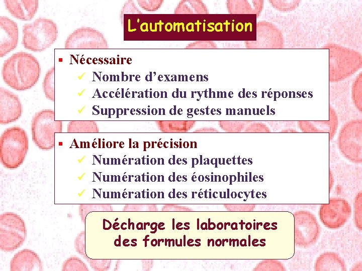 L’automatisation § Nécessaire ü Nombre d’examens ü Accélération du rythme des réponses ü Suppression