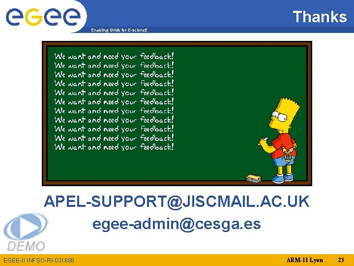 Thanks Enabling Grids for E-scienc. E APEL-SUPPORT@JISCMAIL. AC. UK egee-admin@cesga. es EGEE-II INFSO-RI-031688 ARM-11