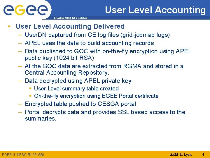 User Level Accounting Enabling Grids for E-scienc. E • User Level Accounting Delivered –