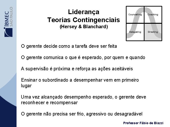 Liderança Teorias Contingenciais Counselling Coaching Delegating Directing (Hersey & Blanchard) O gerente decide como