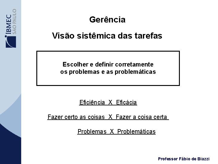 Gerência Visão sistêmica das tarefas Escolher e definir corretamente os problemas e as problemáticas