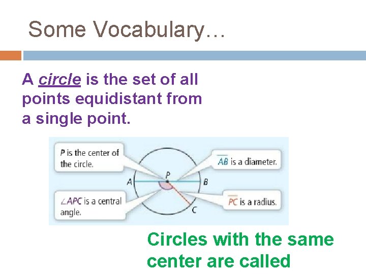 Some Vocabulary… A circle is the set of all points equidistant from a single