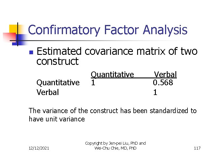 Confirmatory Factor Analysis n Estimated covariance matrix of two construct Quantitative Verbal Quantitative 1