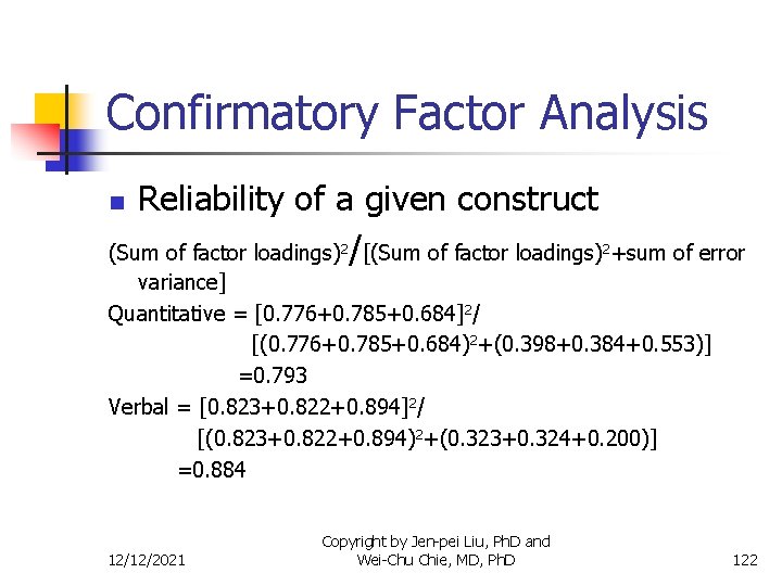 Confirmatory Factor Analysis Reliability of a given construct (Sum of factor loadings)2/[(Sum of factor