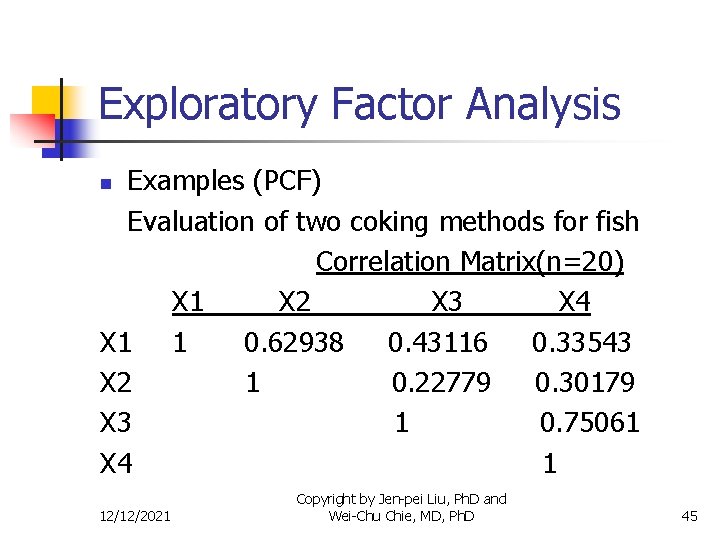Exploratory Factor Analysis Examples (PCF) Evaluation of two coking methods for fish Correlation Matrix(n=20)