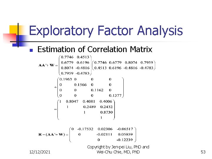 Exploratory Factor Analysis n Estimation of Correlation Matrix 12/12/2021 Copyright by Jen-pei Liu, Ph.