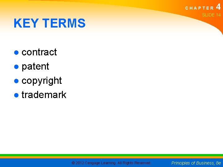 CHAPTER KEY TERMS 4 SLIDE 14 ● contract ● patent ● copyright ● trademark