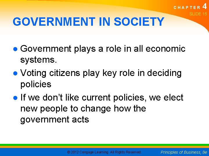 CHAPTER GOVERNMENT IN SOCIETY 4 SLIDE 15 ● Government plays a role in all