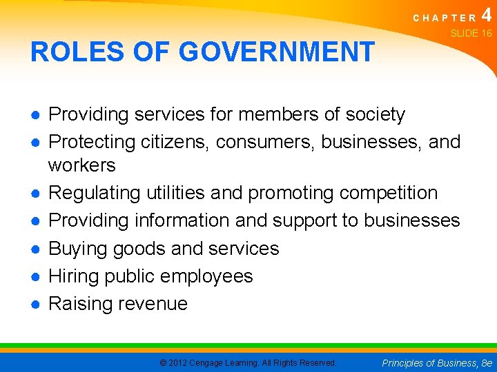 CHAPTER ROLES OF GOVERNMENT 4 SLIDE 16 ● Providing services for members of society