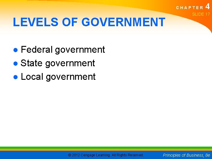 CHAPTER LEVELS OF GOVERNMENT 4 SLIDE 17 ● Federal government ● State government ●